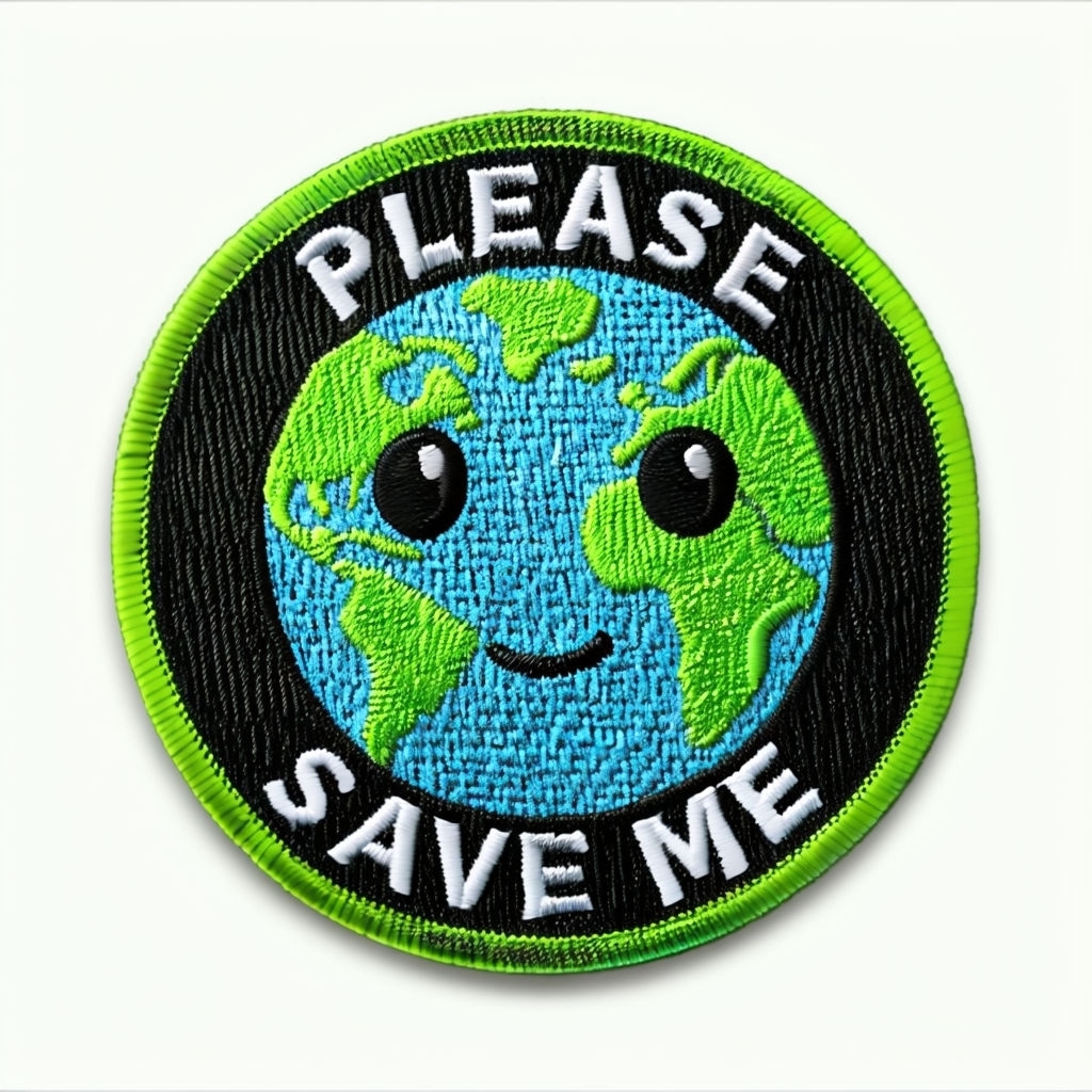 Earth Face Embroidered Patch with Urgent Message for Hats