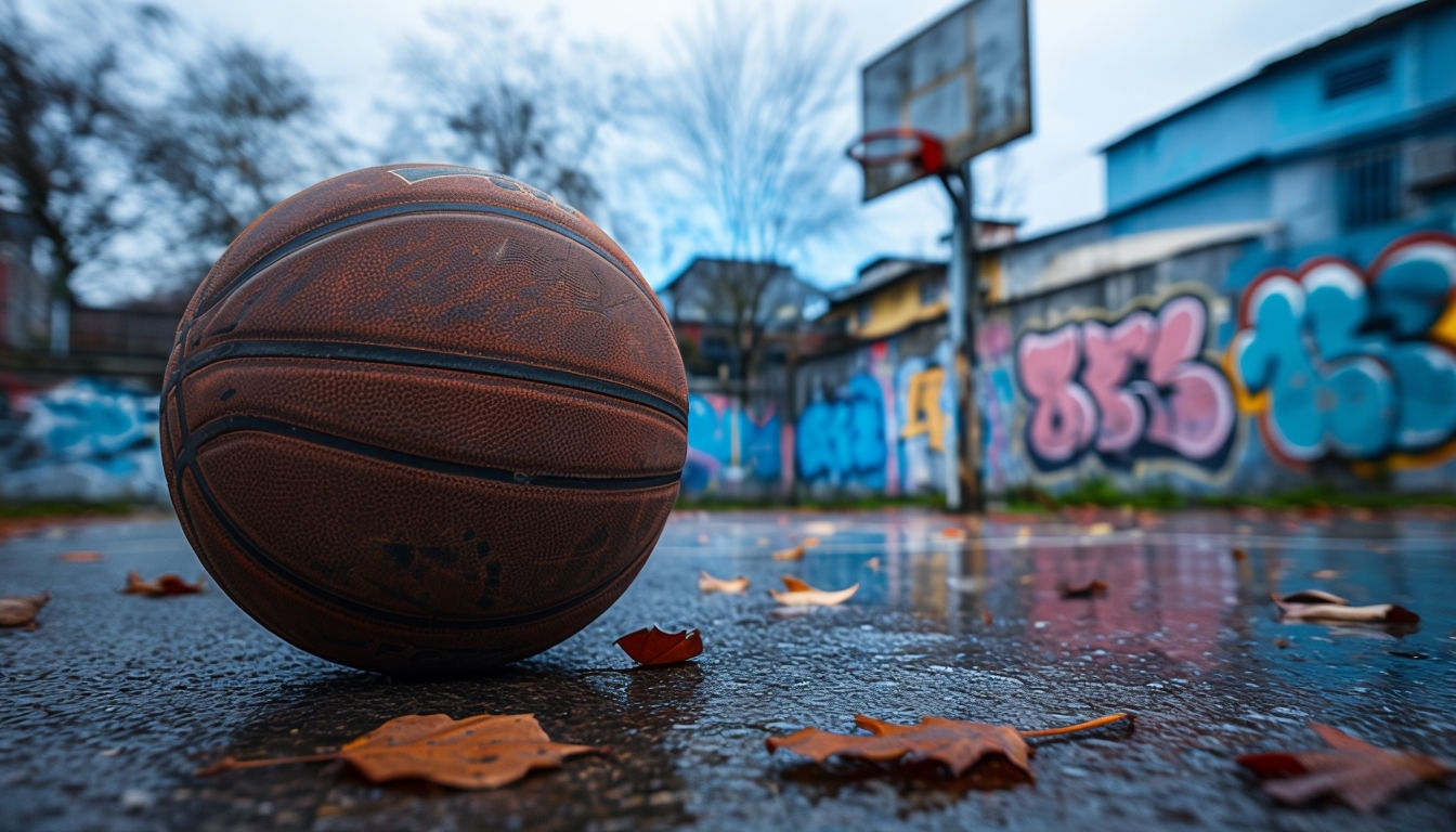 Worn Basketball Close-Up on Urban Court Background Image