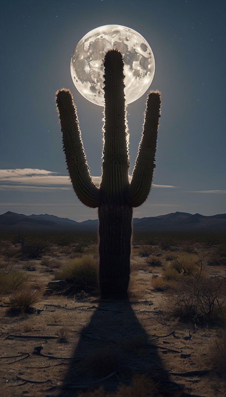 Majestic Cardón Cactus Silhouetted Against Full Moon Mobile Wallpaper