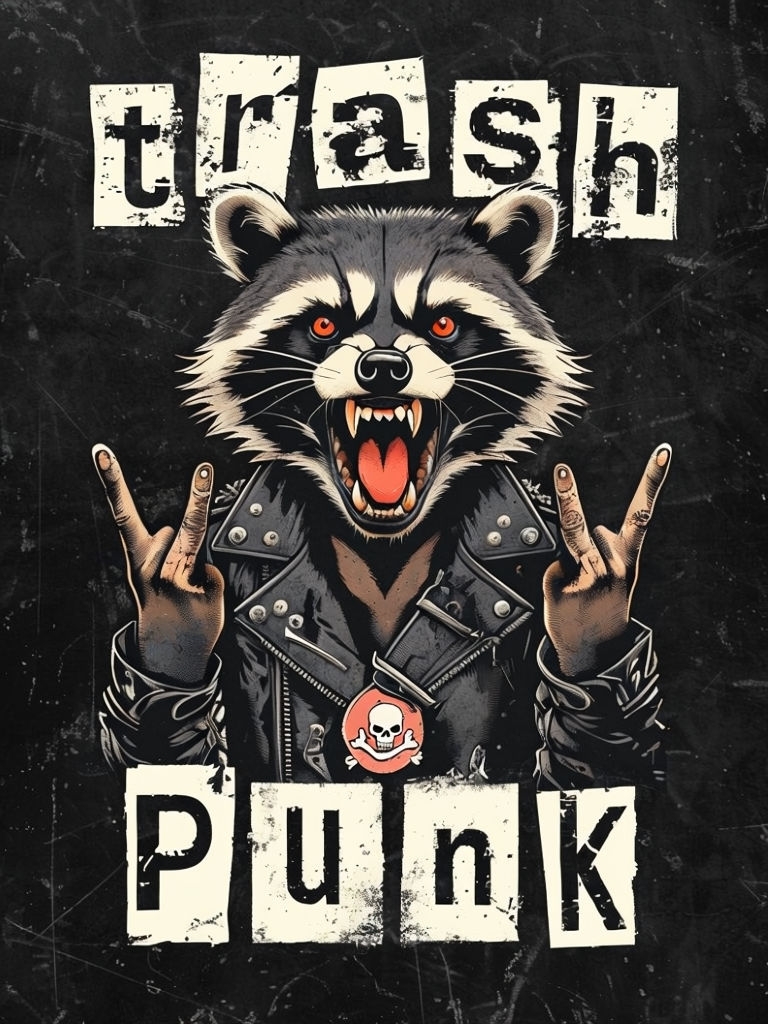 Fierce Punk Rock Raccoon with Skull Badge T-Shirt