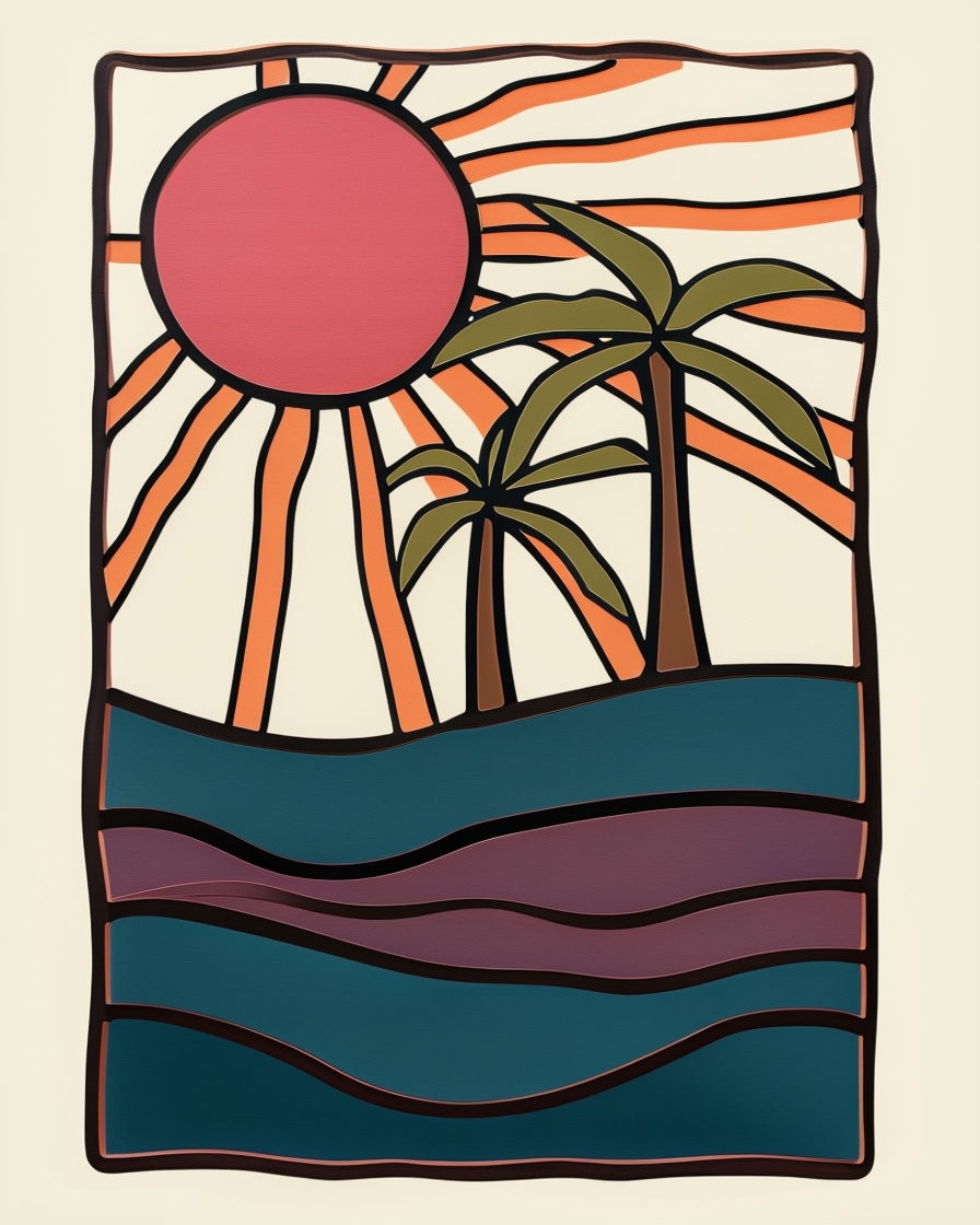 Abstract Landscape with Palm Trees and Coral Sun T-Shirt