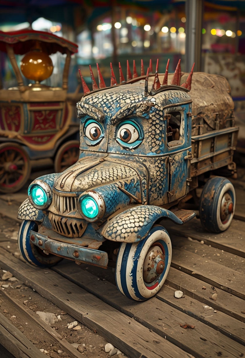 Whimsical Vintage Toy Truck with Colorful Patterns Art