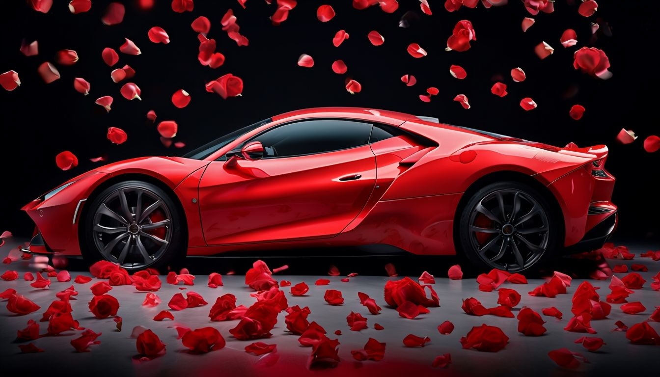 Glossy Red Sports Car with Falling Rose Petals Virtual Backgrounds