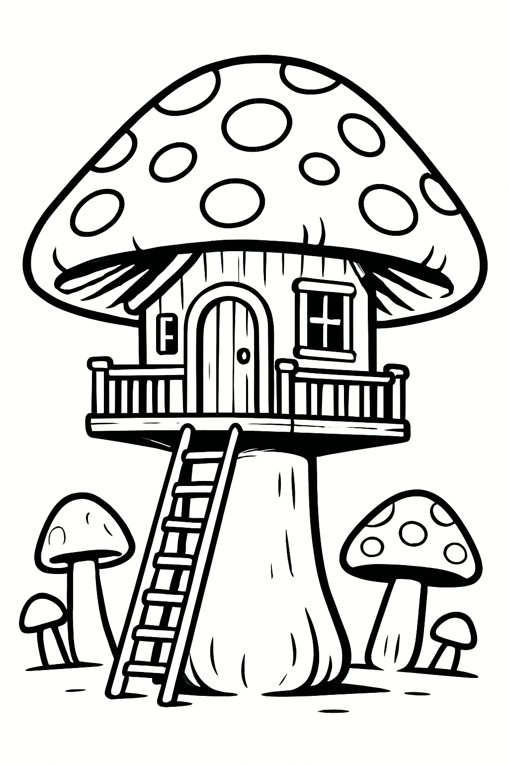 Whimsical Mushroom House Black and White Illustration Coloring Book Pages
