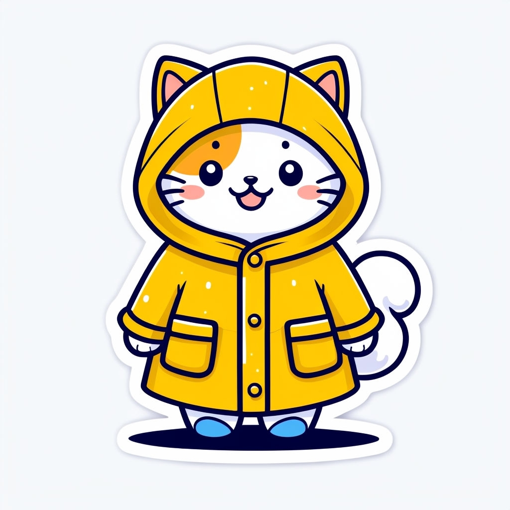 Joyful Cartoon Cat in Yellow Raincoat Illustration Sticker