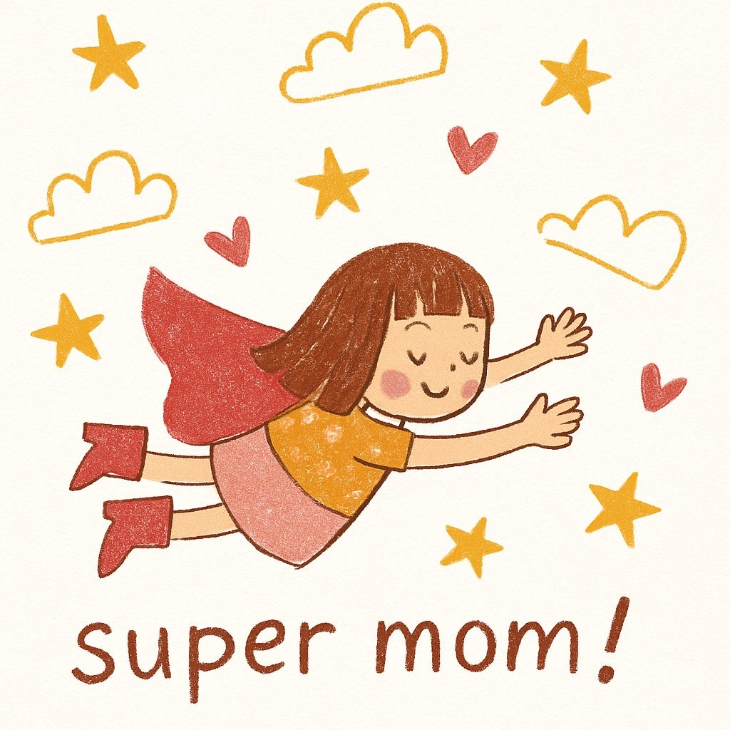 Whimsical Super Mom Cartoon Illustration for Cards & Invites