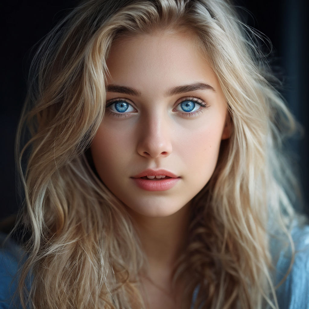 A 16-year-old girl with blue eyes and long blonde hair