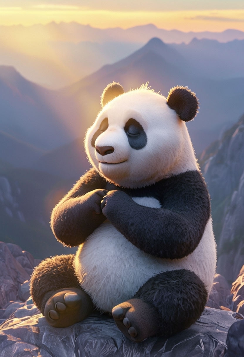 Tranquil Panda Meditating at Sunrise Mountain Art