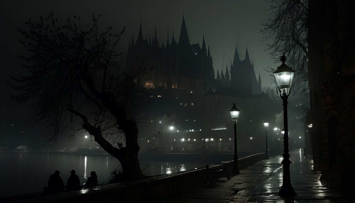 Haunting Riverbank Night Scene with Antique Street Lamps Artful Background