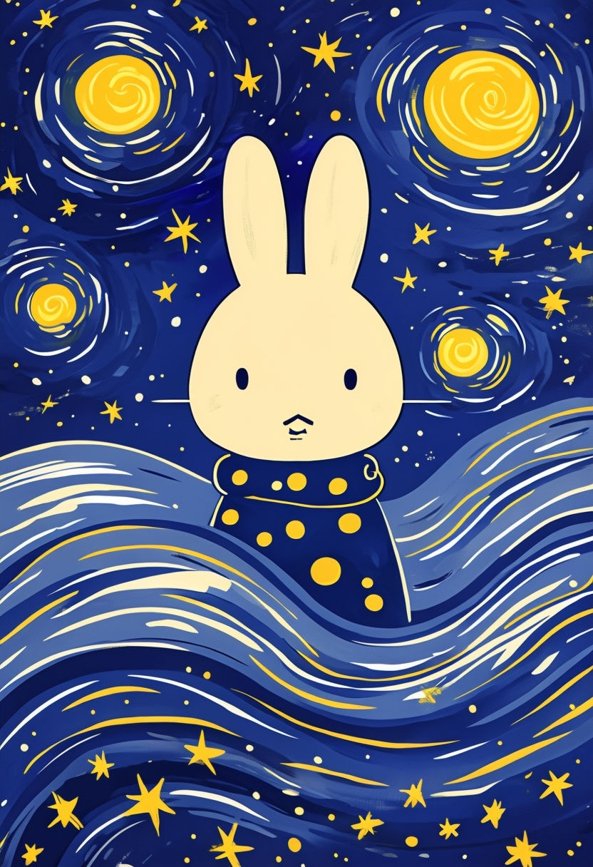 Whimsical Miffy Bunny in Starry Night Inspired Illustration Art