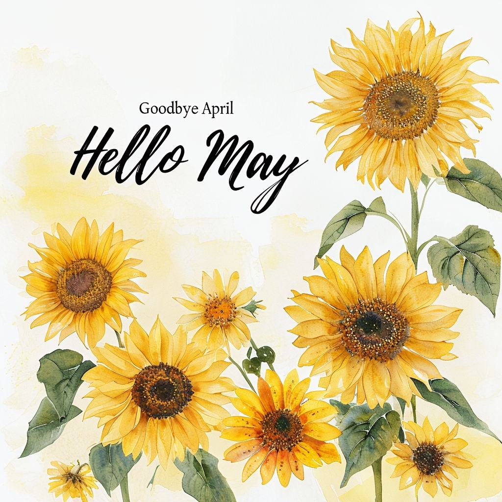 Cheerful Watercolor Sunflowers and Daisies Hello May Post Social Media Post