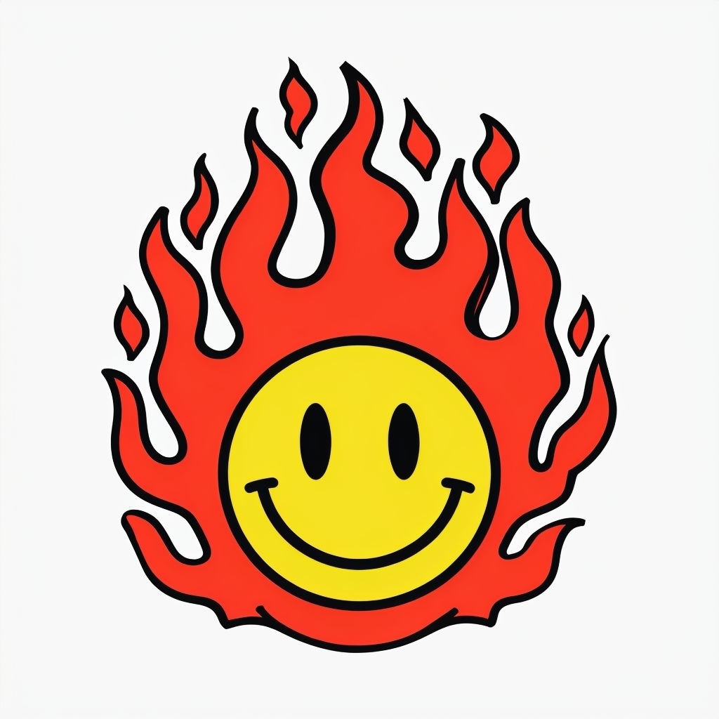 Vibrant Smiley Face Surrounded by Flames Pop Art T-Shirt