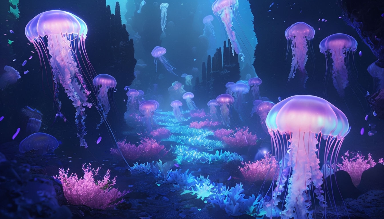 Ethereal Underwater Scene with Glowing Jellyfish Art Print Virtual Backgrounds