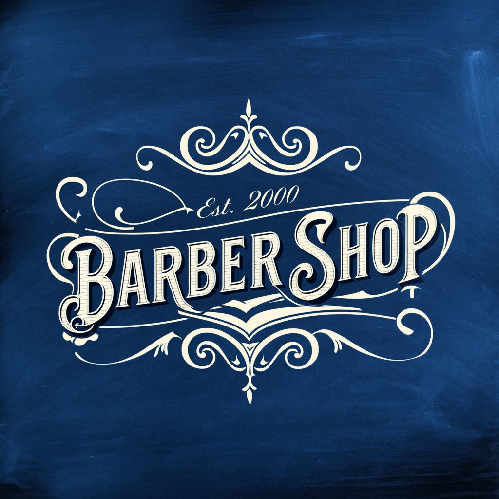 Elegant Vintage Barber Shop Logo on Navy Chalkboard Background