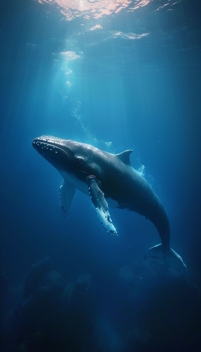 Majestic Underwater Scene of a Whale Swimming in Deep Blue Water Mobile Wallpaper