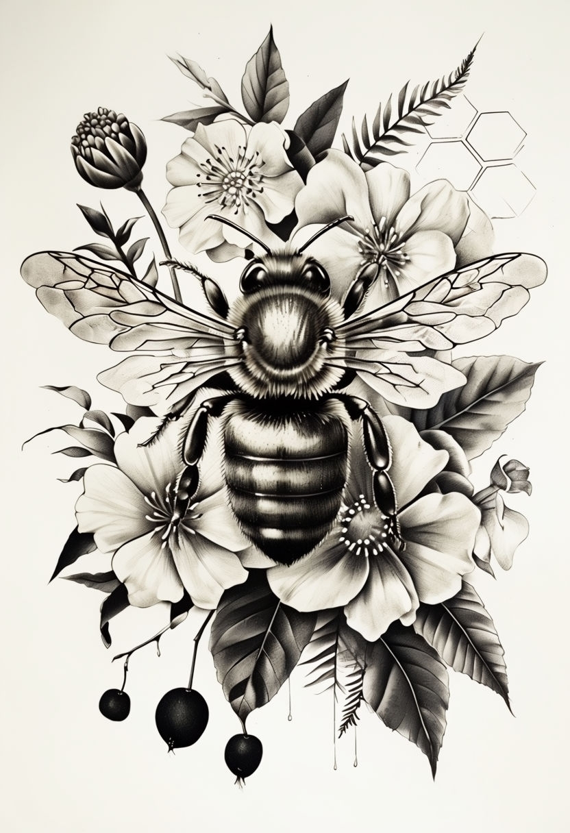 Detailed Black and White Botanical Bee Tattoo Art