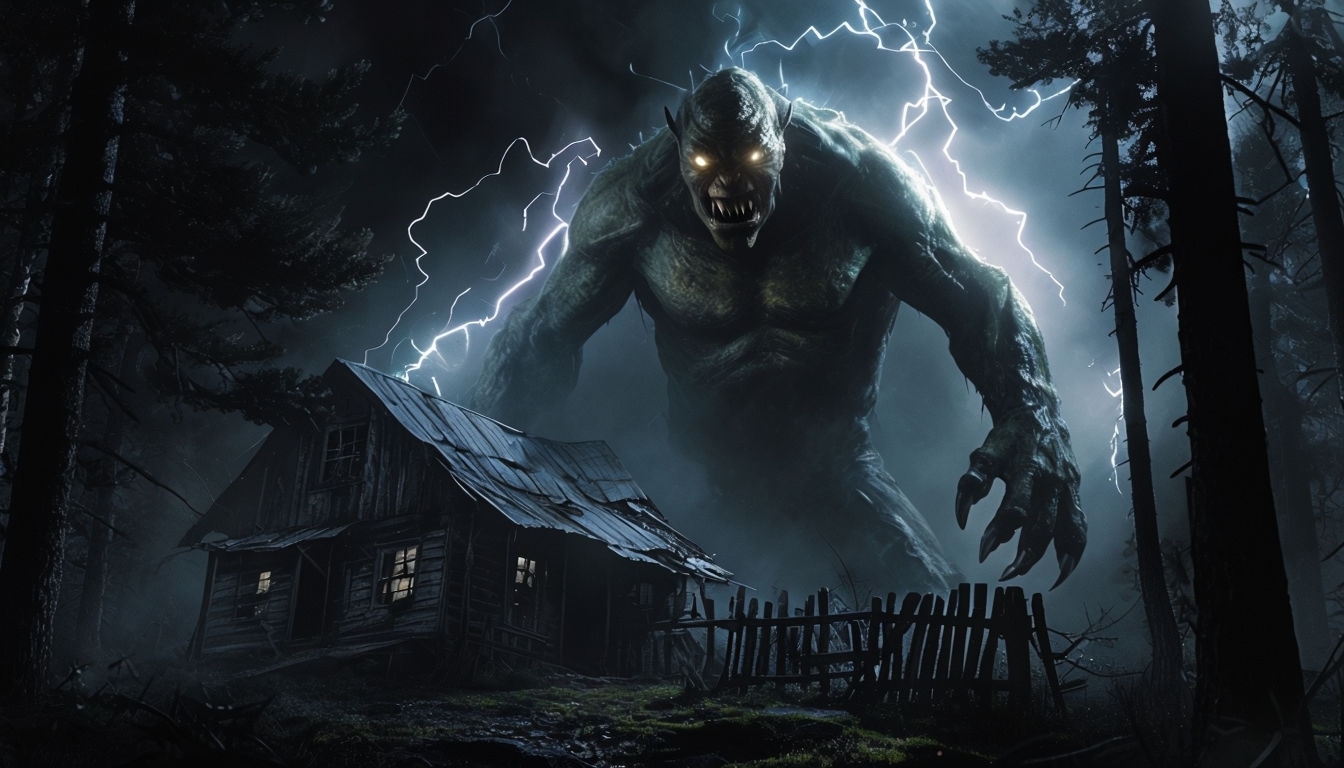 Eerie Horror Scene in Dark Forest with Sinister Monster Background