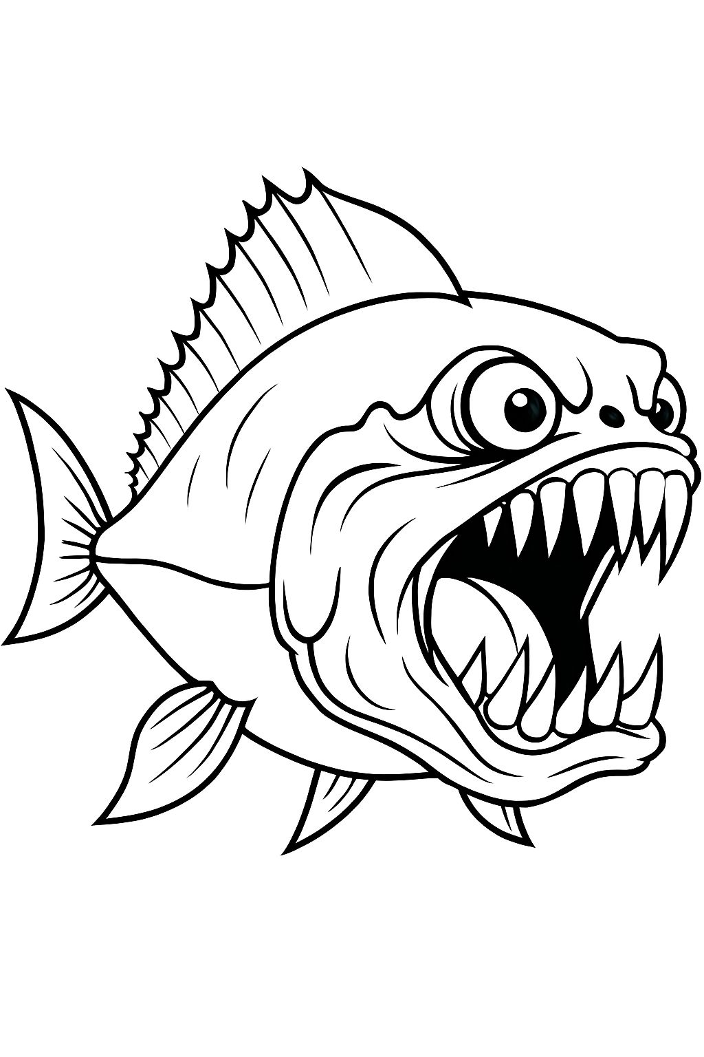 Aggressive Cartoon Fish Illustration with Sharp Teeth Coloring Book Pages