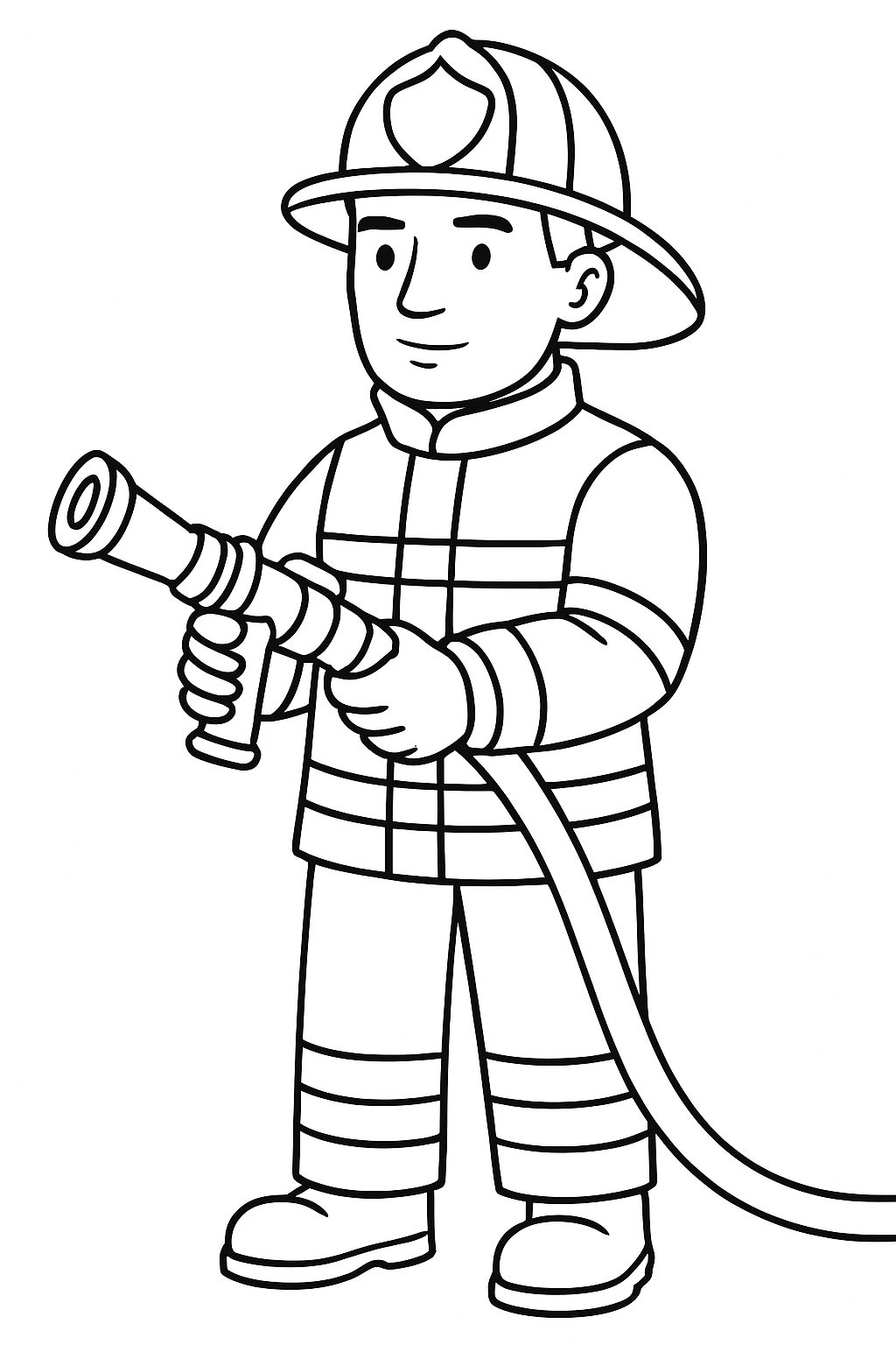Cartoon Firefighter with Hose Black and White Illustration Coloring Book Pages