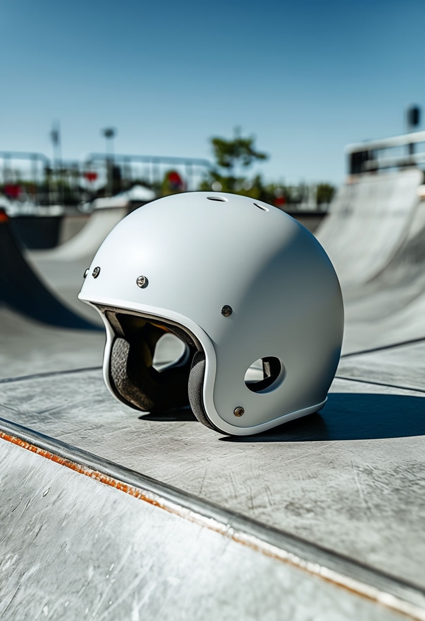 Blank White Skateboard Helmet Mockup on Urban Concrete Ramp