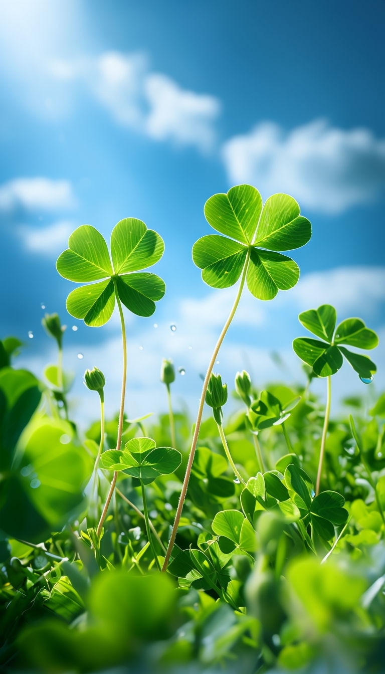 Vibrant Four-Leaf Clovers Against Bright Blue Sky Mobile Wallpaper