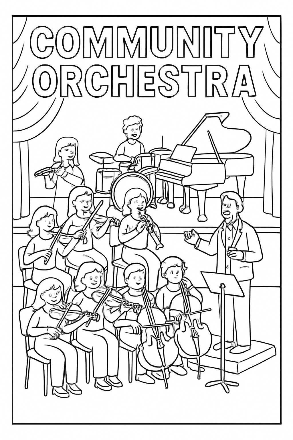 Community Orchestra Coloring Page Illustration for Kids Coloring Book Pages