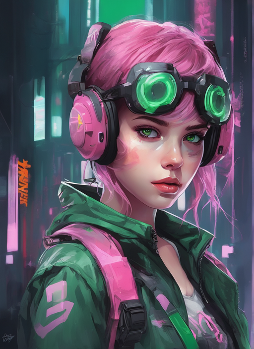 A detailed painting of a cute cyberpunk girl with green eyes by Antonio ...