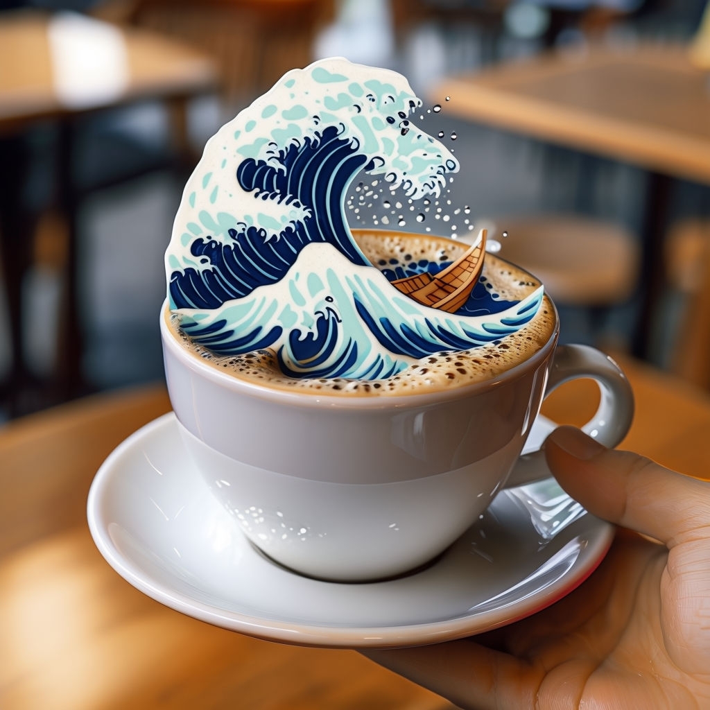 Artistic Hokusai Wave Foam Coffee Art in Ceramic Cup Photograph Art