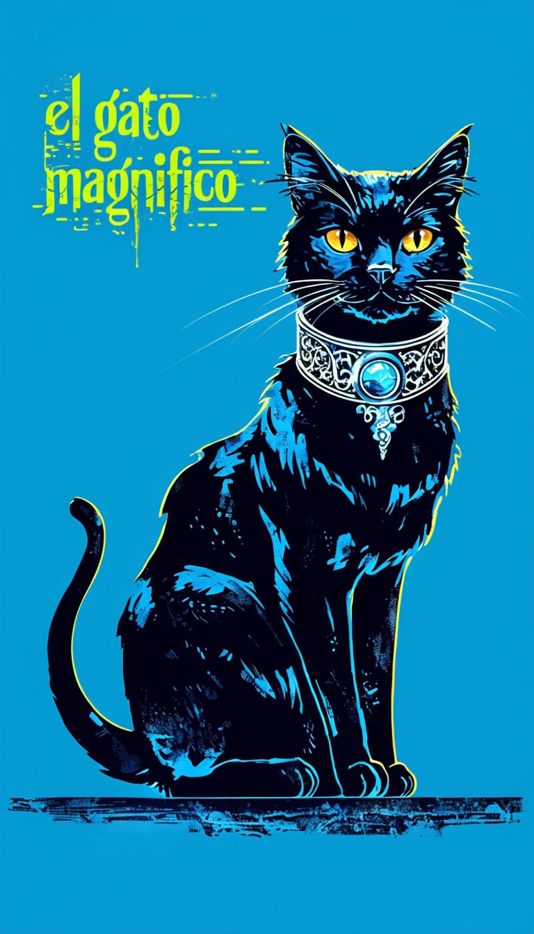 Majestic Retro Black Cat Illustration with Neon Accents Art