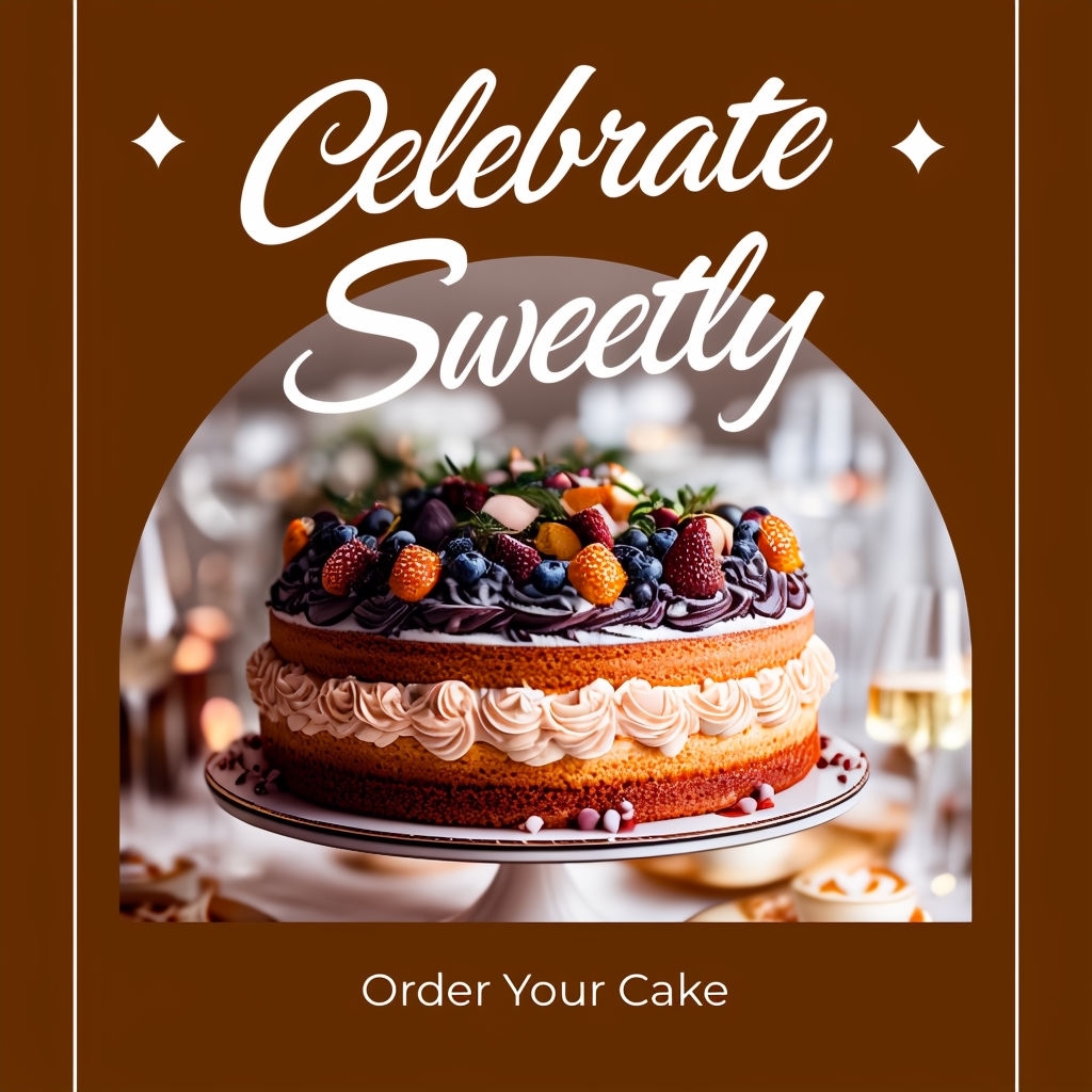 Luxurious Close-Up Cake Advertisement with Celebrate Sweetly Text Social Media Post