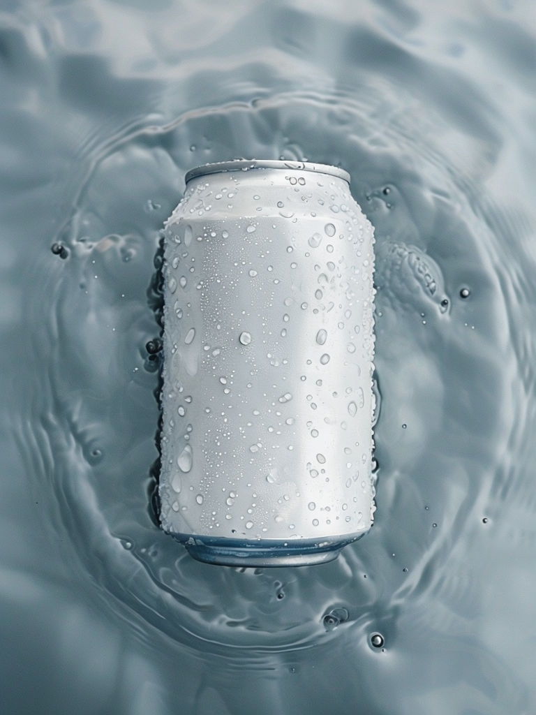 Unopened Metallic Soda Can Floating on Water Aerial Photo Mockup