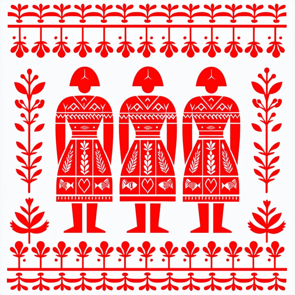 Vibrant Red Folk Art Figures with Geometric Patterns Seamless Pattern