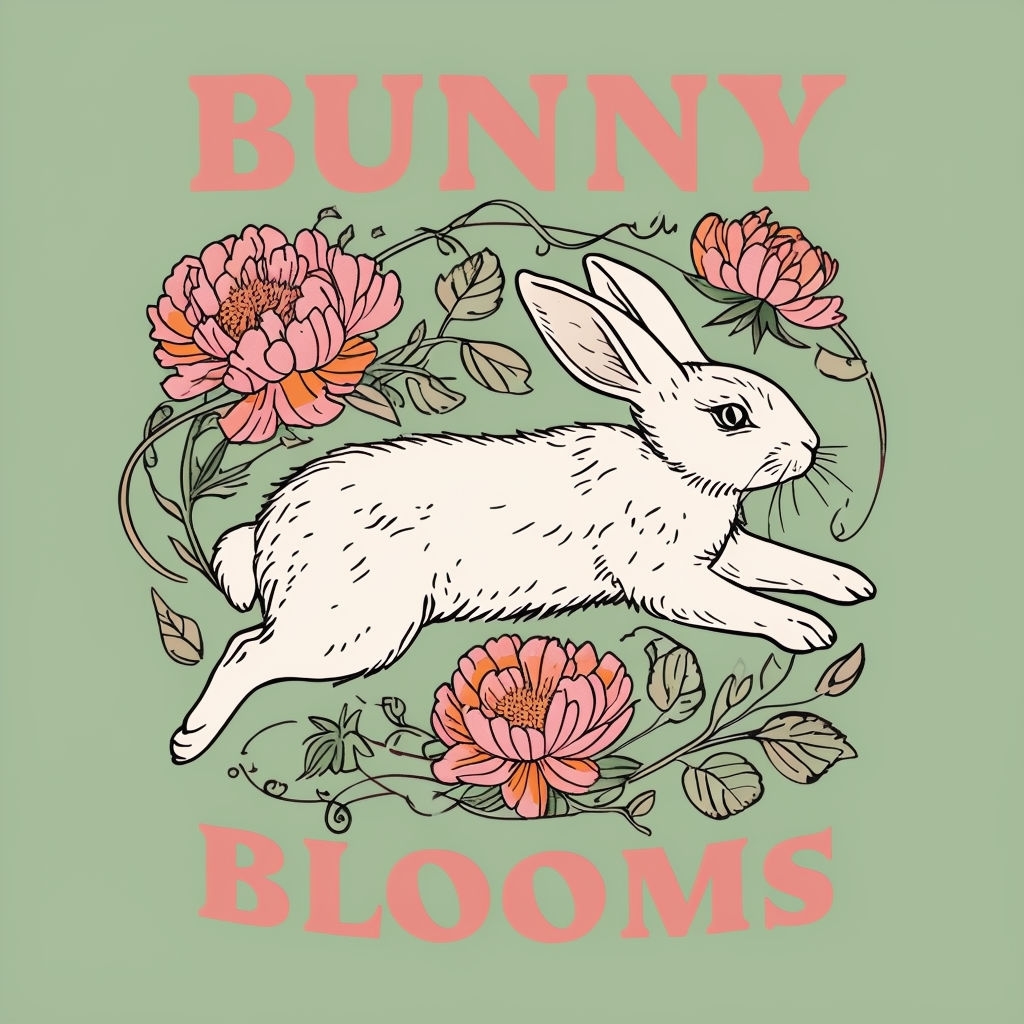 Whimsical Vintage Bunny and Blooms Illustration Art