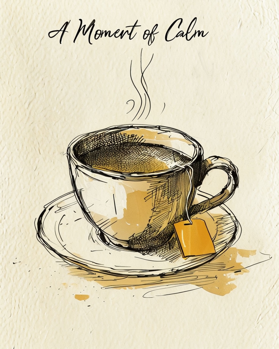 A Moment of Calm Cozy Teacup and Saucer Sketch Poster