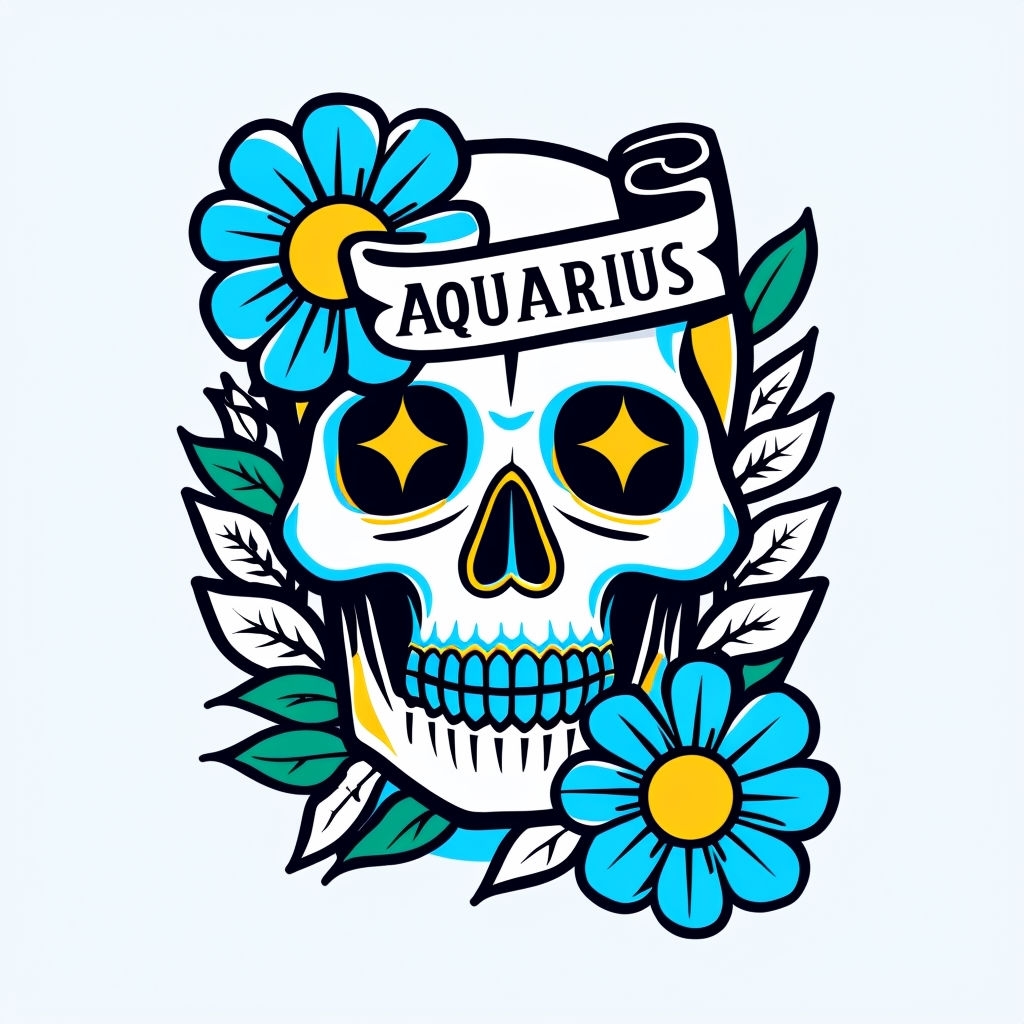 Vibrant Tattoo-Style Aquarius Skull Illustration Mug