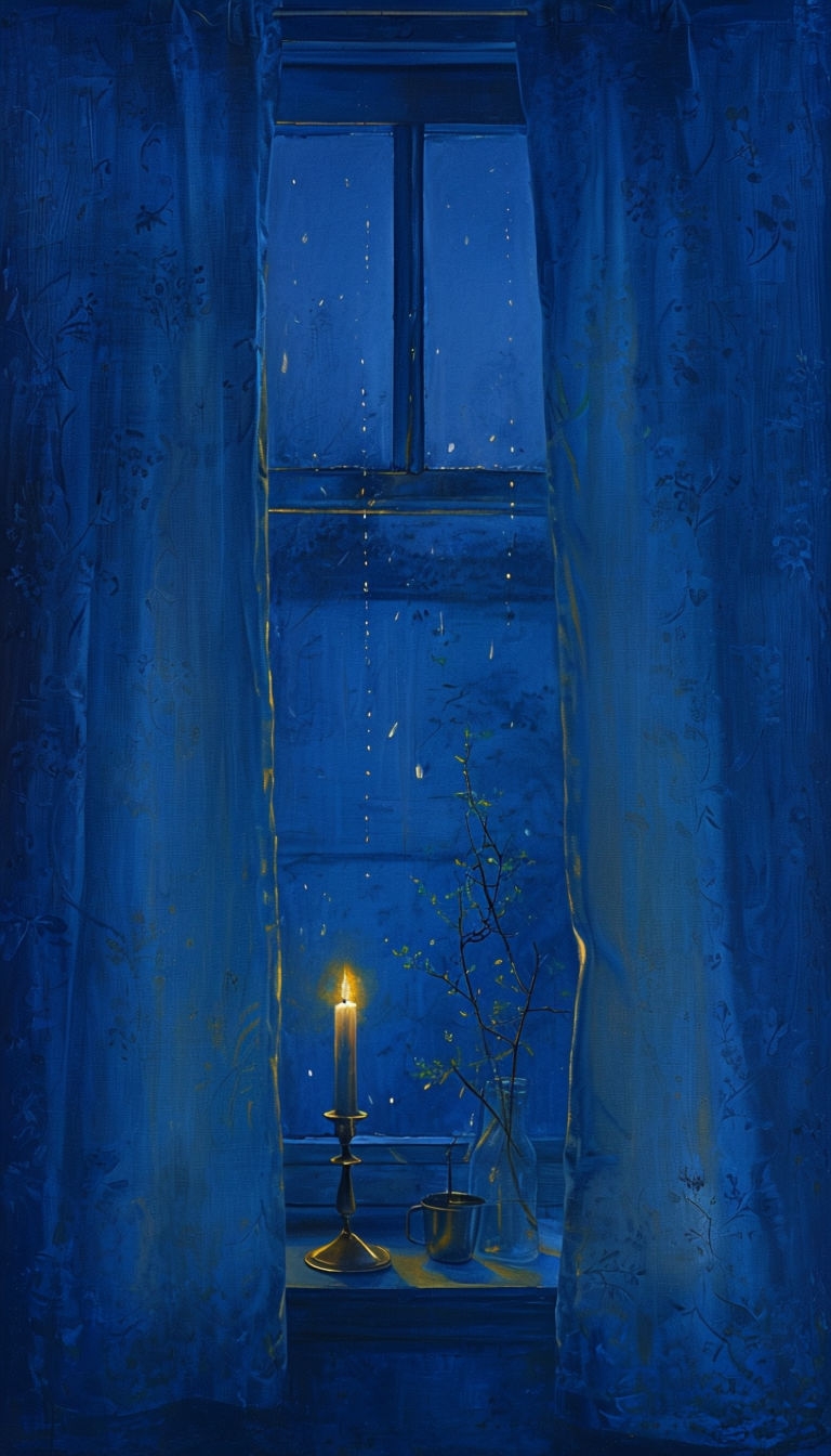 Tranquil Nighttime Scene with Candlelight and Blue Curtains Mobile Wallpaper