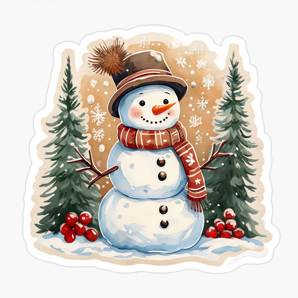 Cozy Winter Snowman Scene with Evergreen Trees Sticker