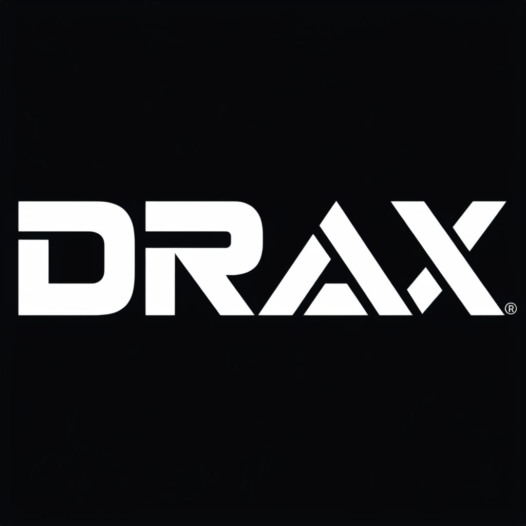 Bold Geometric DRAX Logo on Black Background Design Logo