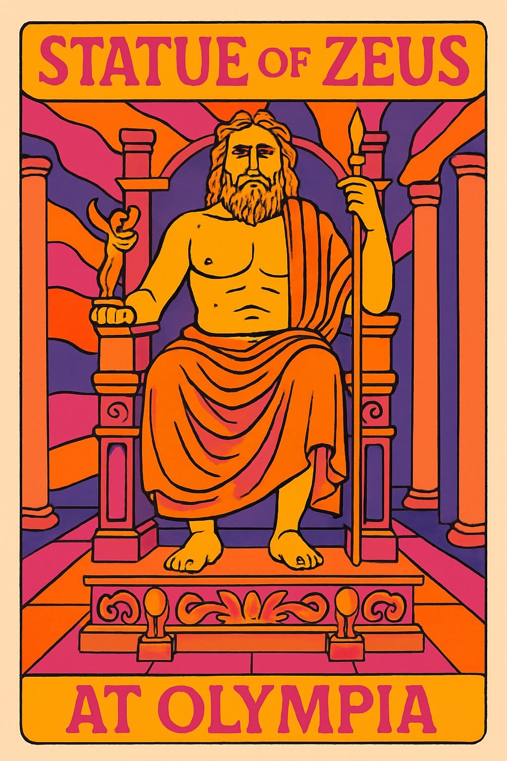 Vibrant Retro Statue of Zeus at Olympia Illustration Poster