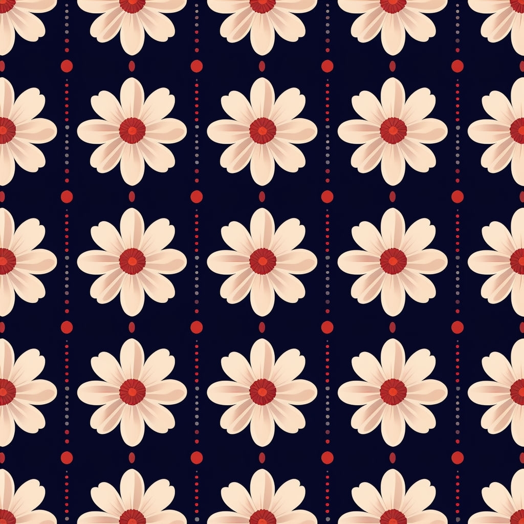 Symmetrical Daisy Flower Grid on Navy Blue Background Pattern