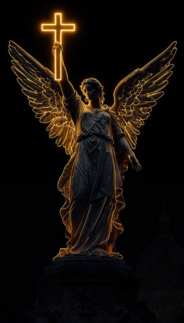 Dramatic Neon Angel Statue Against Black Background Mobile Wallpaper