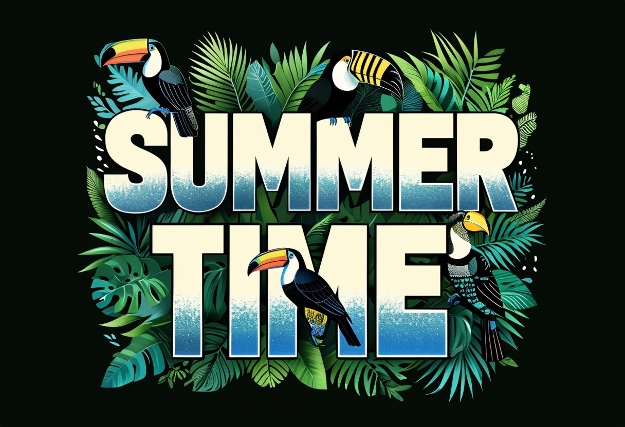 Vibrant Summer Time Tropical T-Shirt Design with Toucans