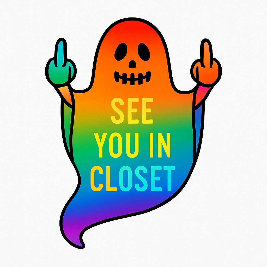 Playful Rainbow Cartoon Ghost with Cheerful Devil Horns Sticker