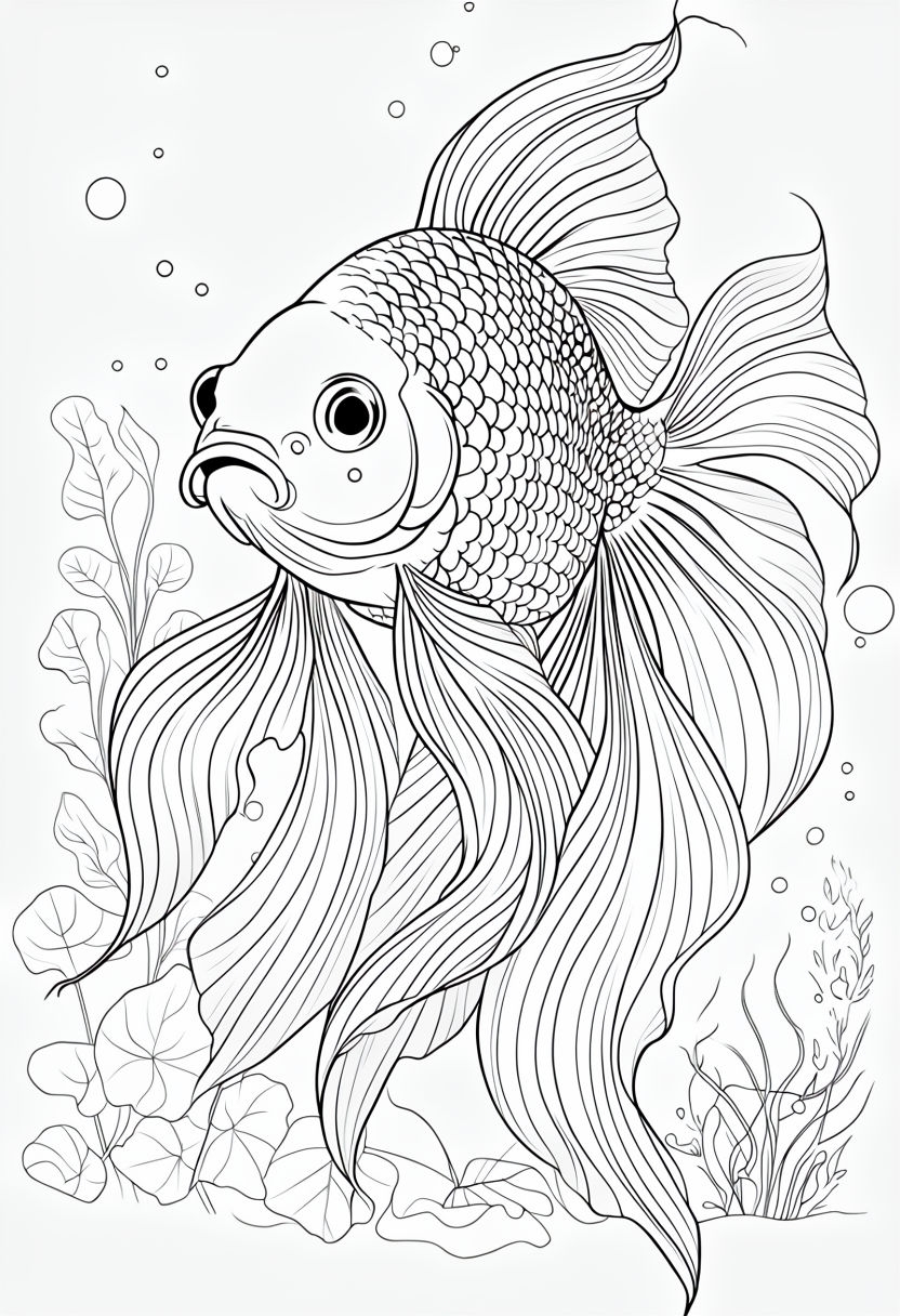 Intricate Black and White Goldfish Illustration for Coloring Book Pages