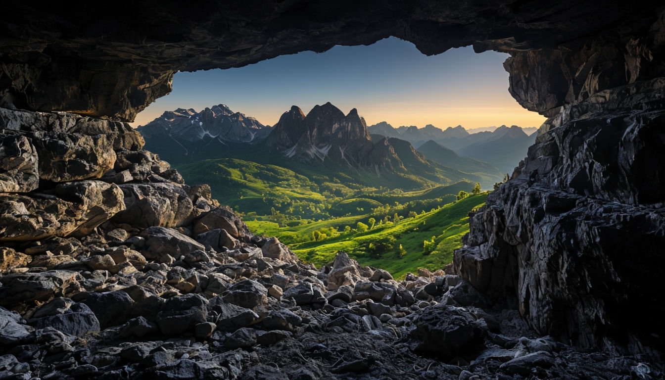Majestic Cave Landscape with Mountain View at Sunset Background