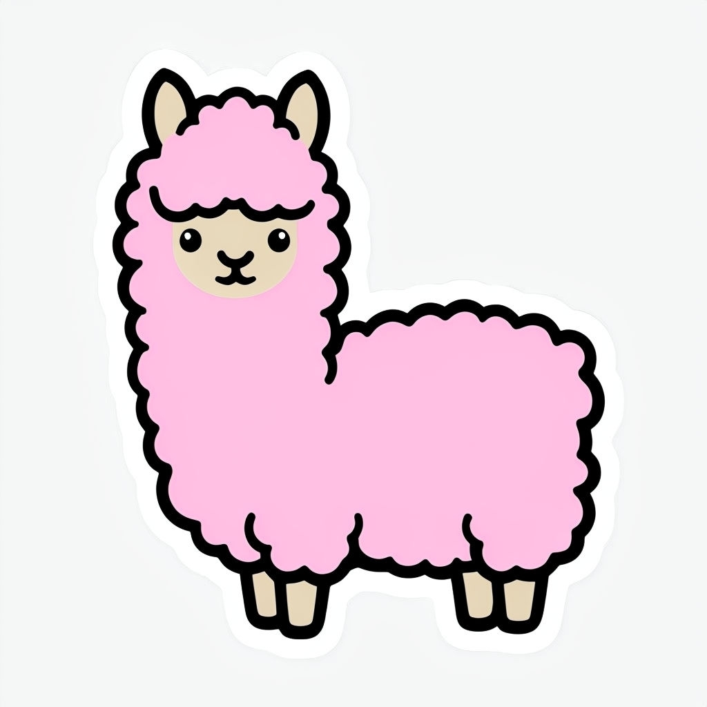 Cute Cartoon Alpaca Illustration with Pink Coat Sticker