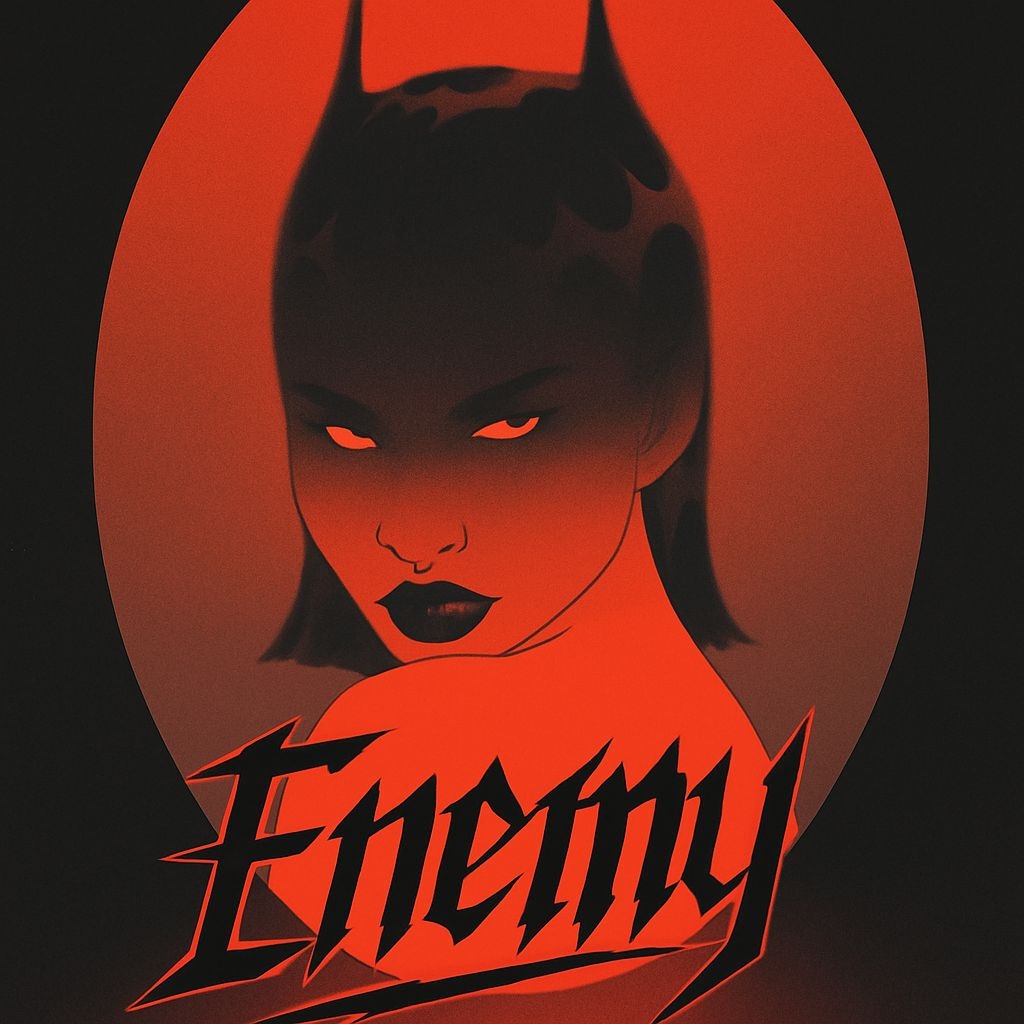 Dramatic Dark Female Portrait with Red Eyes and Gothic Text Spotify Album Cover