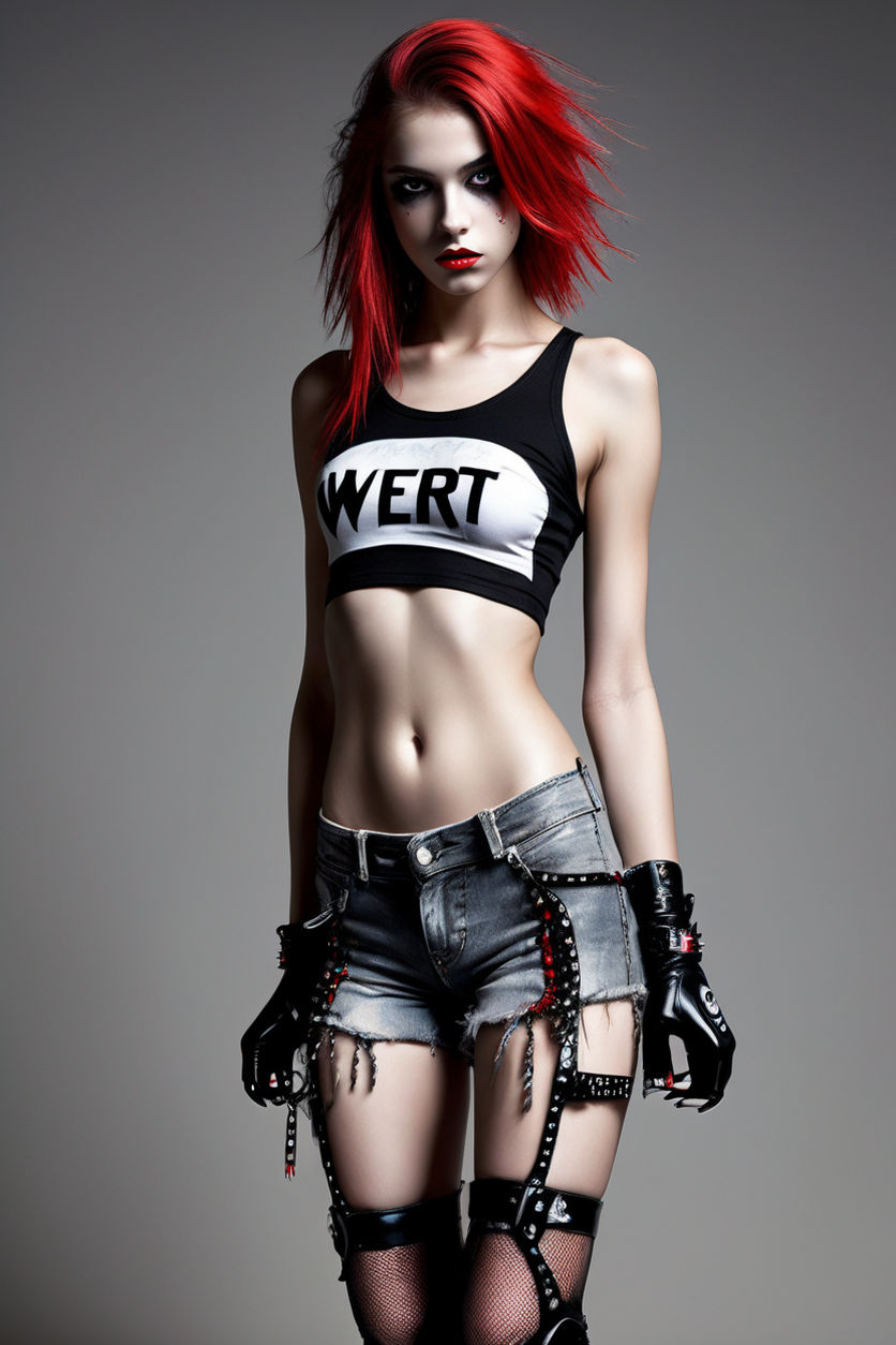 beautiful punk girl wearing riped shorts and nothing else