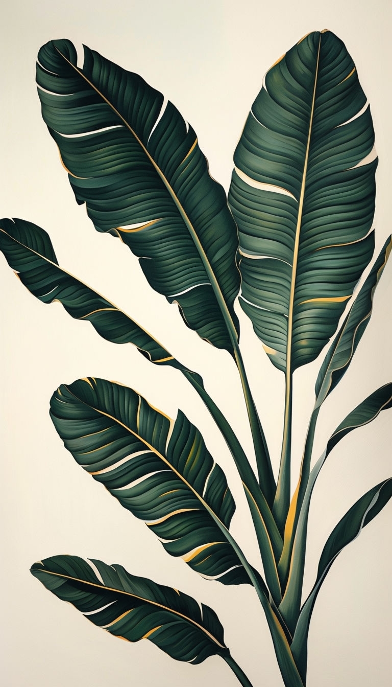 Serene Tropical Banana Leaves Painting on Beige Background Mobile Wallpaper