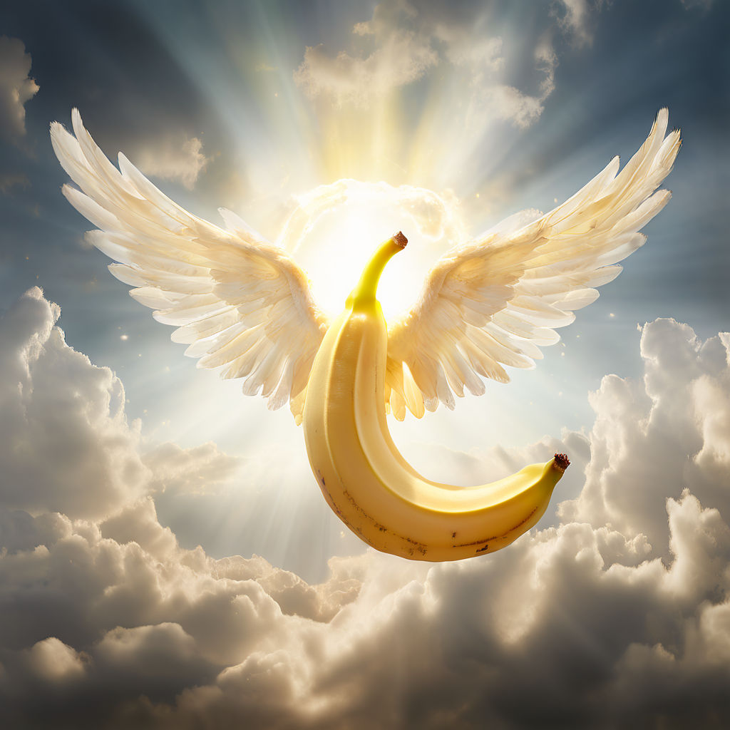 A majestic banana with flapping white angel wings and a hal... by ...